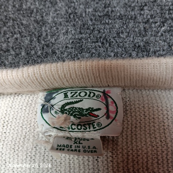 * Vintage IZOD Lacoste Sweater Men XL White Pullover V Neck Needs Bleach - Picture 3 of 6